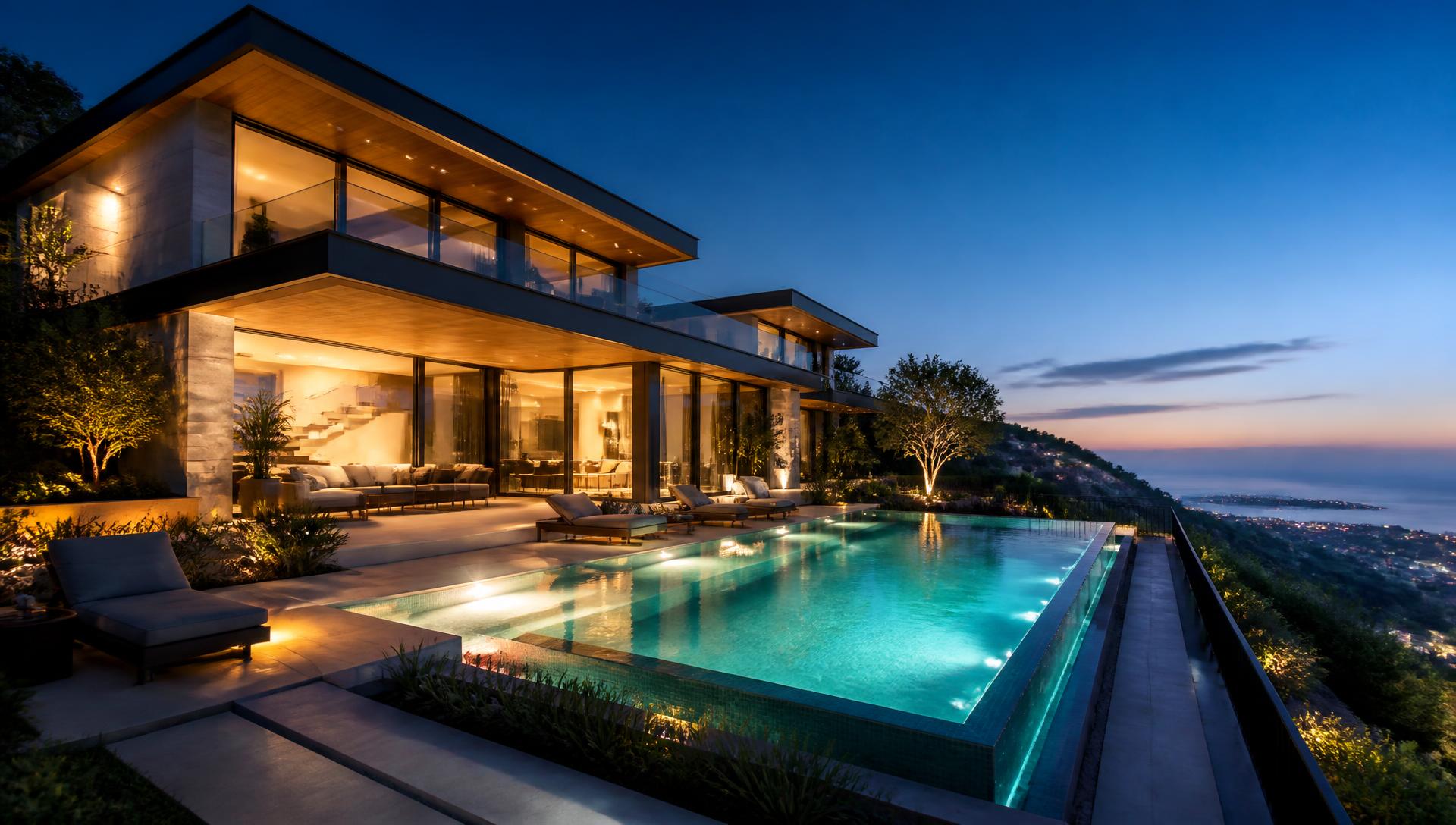 Modern hillside villa at dusk with infinity pool